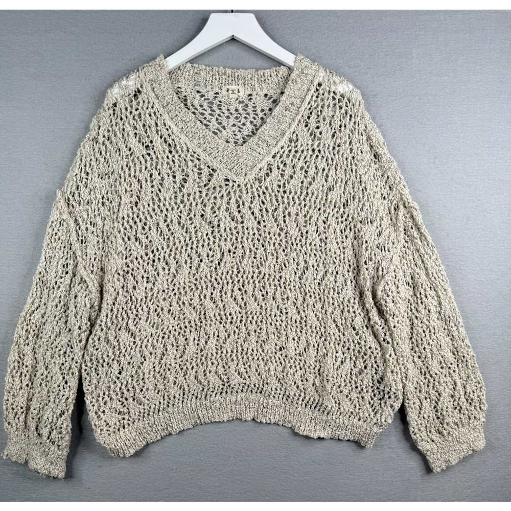 Pol Open Knit Oversized Sweater Size M Chunky‎ V-Neck Boho Neutral Minimalist